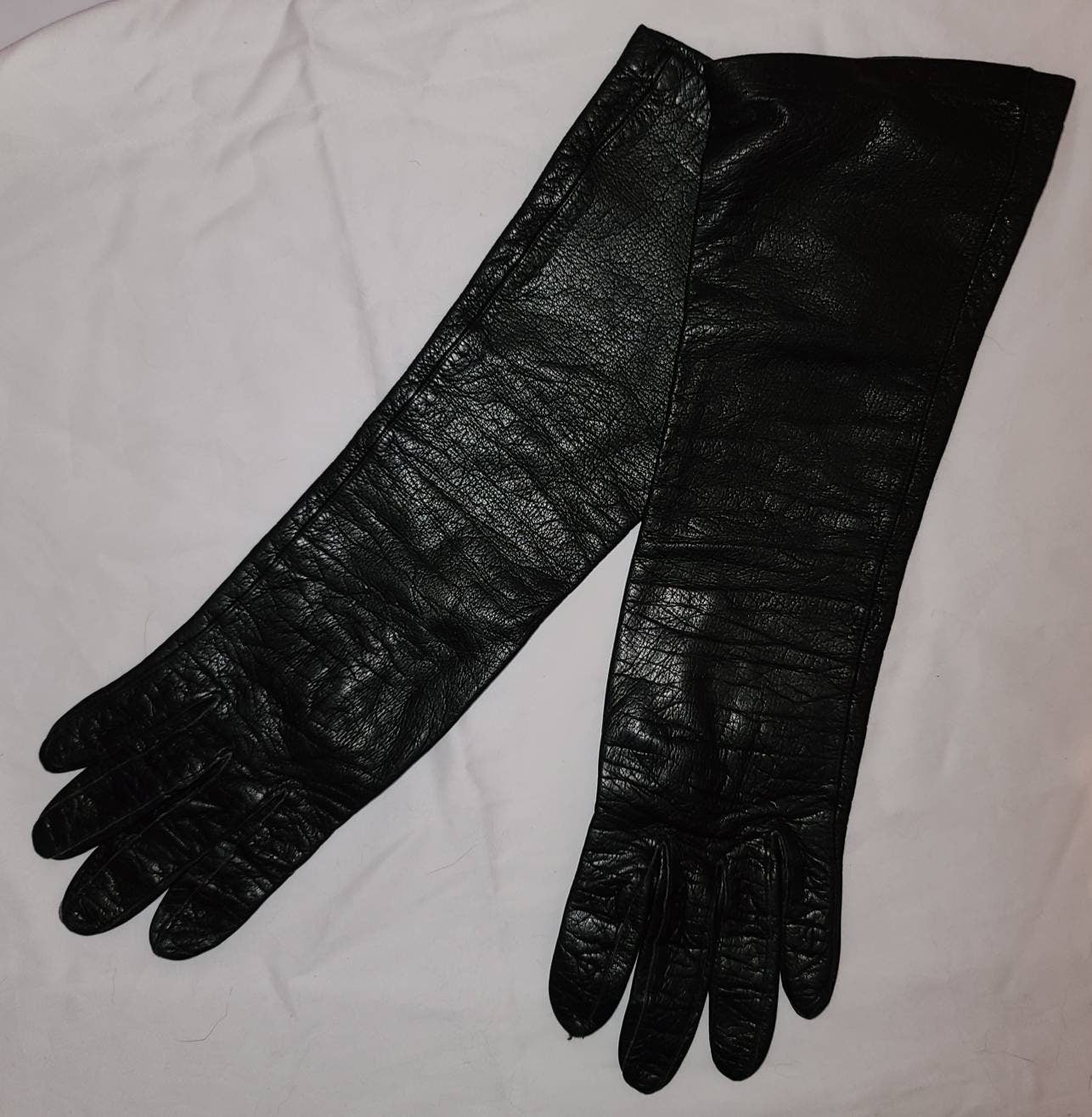 Vintage Leather Gloves 1950s Mid Length Black Leather Kidskin Lined Gloves Rockabilly Pinup Fetish