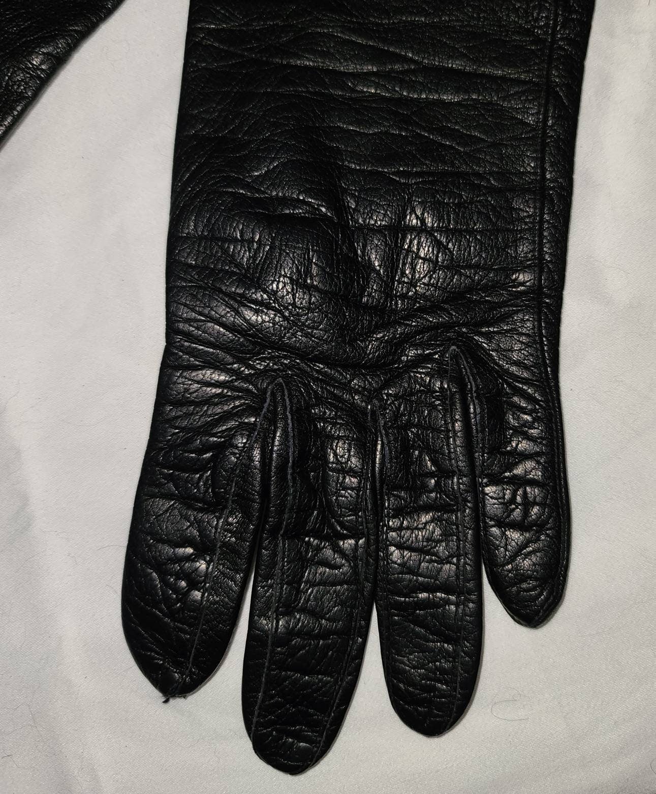 Vintage Leather Gloves 1950s Mid Length Black Leather Kidskin Lined Gloves Rockabilly Pinup Fetish