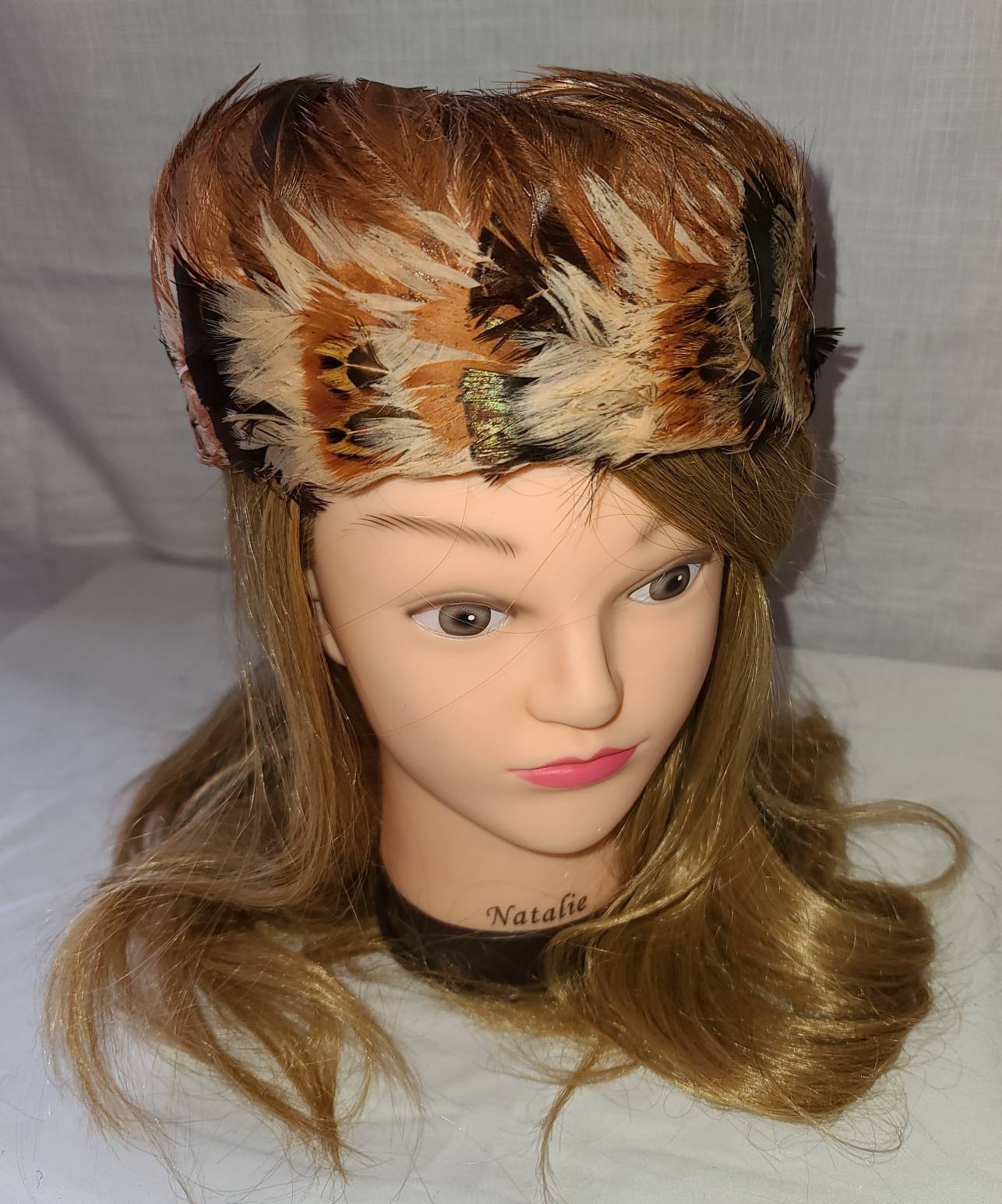 Vintage Feather Hat 1950s 60s Round Cream Rust Brown Feather Hat Boho 22 in.