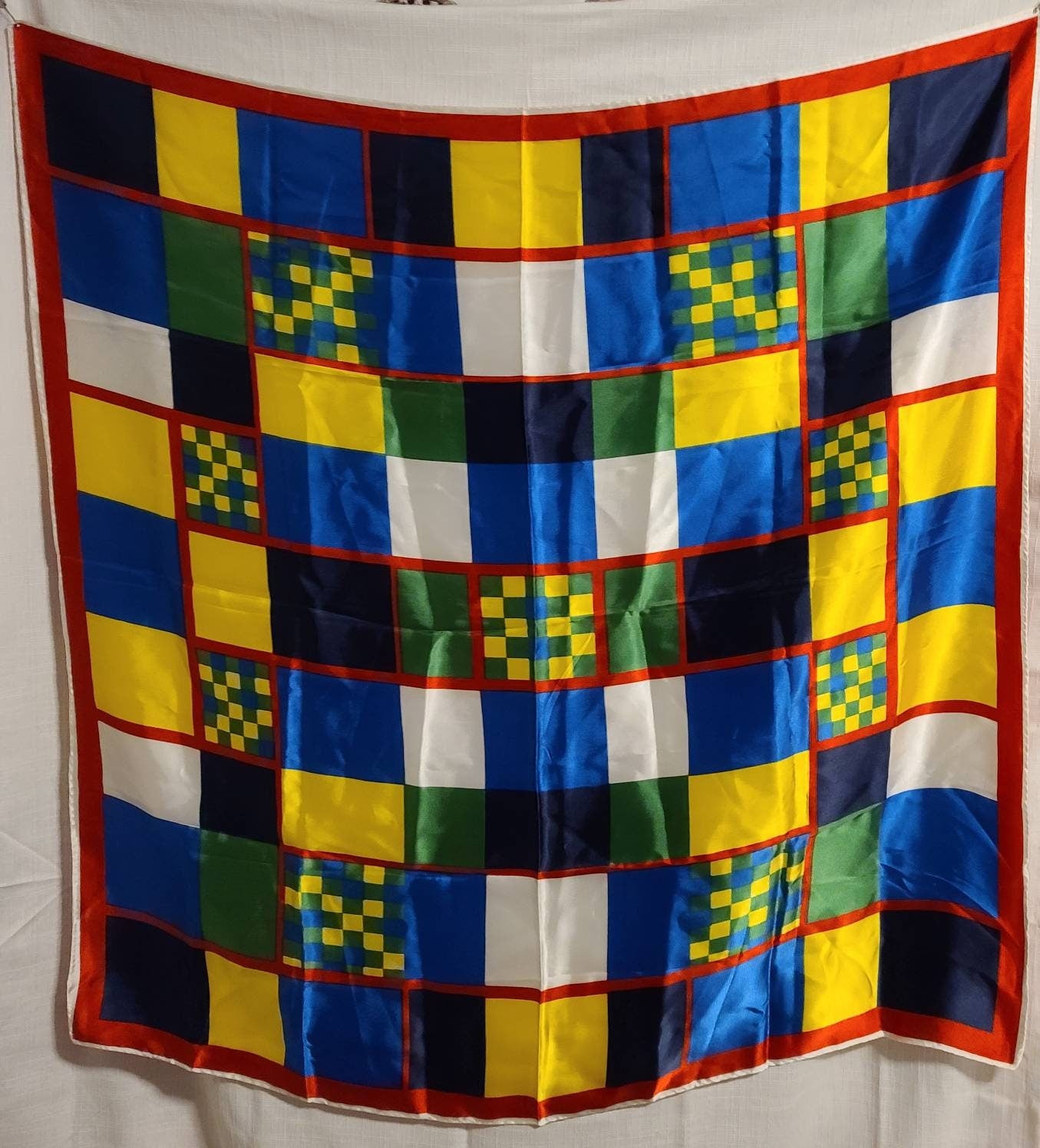 Vintage Scarf 1960s Large Colorful Rayon Geometric Grid Pattern Scarf Mod Boho 31 x 31.5 in.