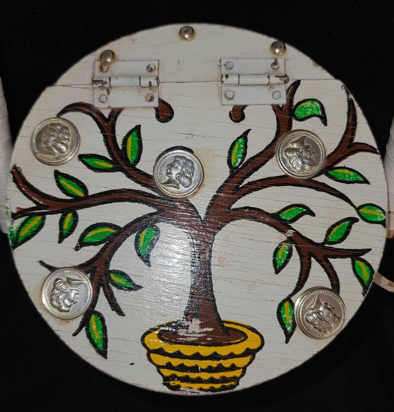 SALE Vintage Round Purse 1960s Round White Plastic Straw Purse Painted Money Tree Metal Coins Cylinder Purse Hong Kong Rockabilly Mod