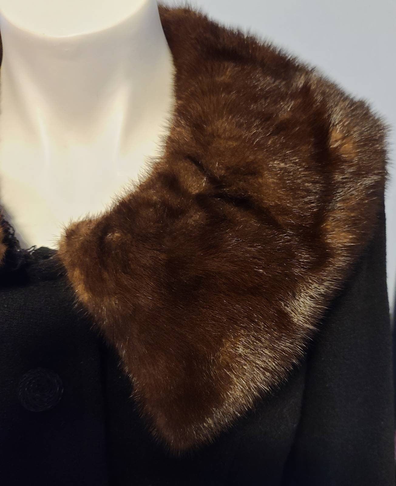 SALE Vintage Suit Jacket 1950s 60s Black Wool Cropped Jacket Brown Mink Fur Collar Paul Parnes Rockabilly Chic L chest 41 in.