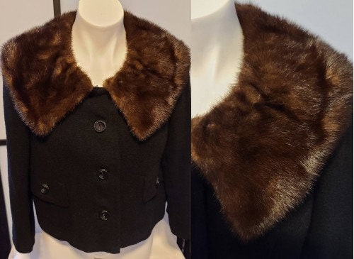 SALE Vintage Suit Jacket 1950s 60s Black Wool Cropped Jacket Brown Mink Fur Collar Paul Parnes Rockabilly Chic L chest 41 in.