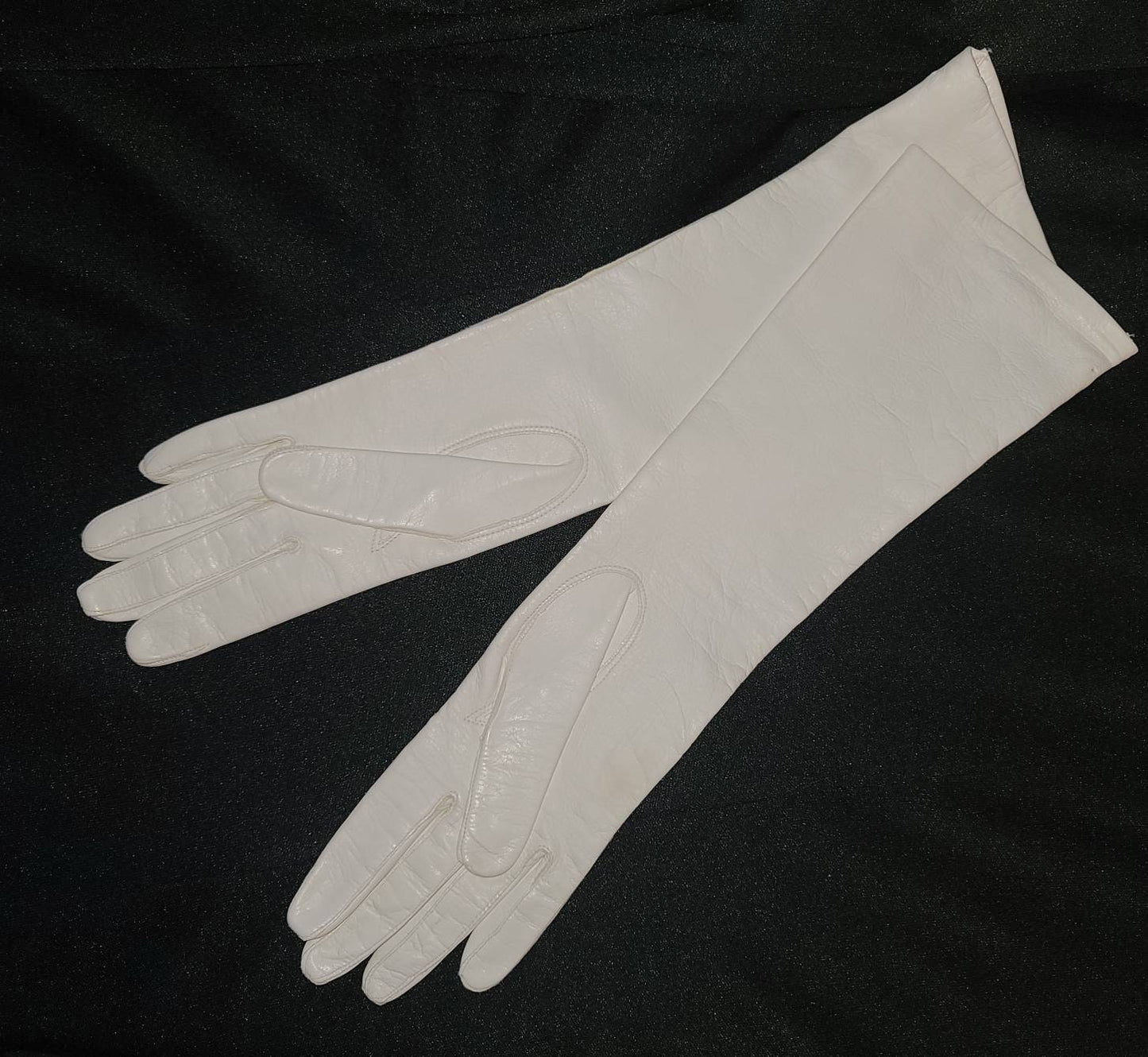 Vintage Leather Gloves 1950s 60s Elbow Length Cream White Kid Leather Gloves Made in Italy Silk Lined Rockabilly Wedding Bridal 6