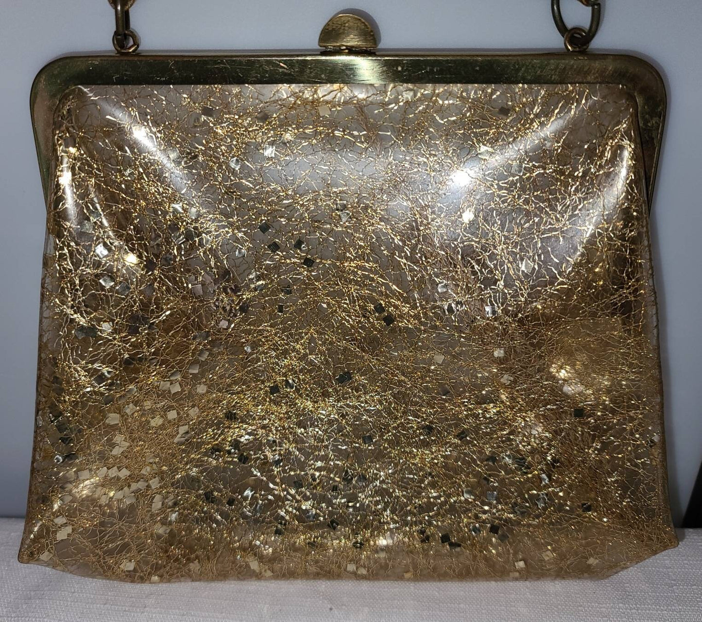 SALE Vintage 1950s Purse Small Clear Vinyl Gold Tinsel Chunky Glitter Top Handle Purse Rockabilly