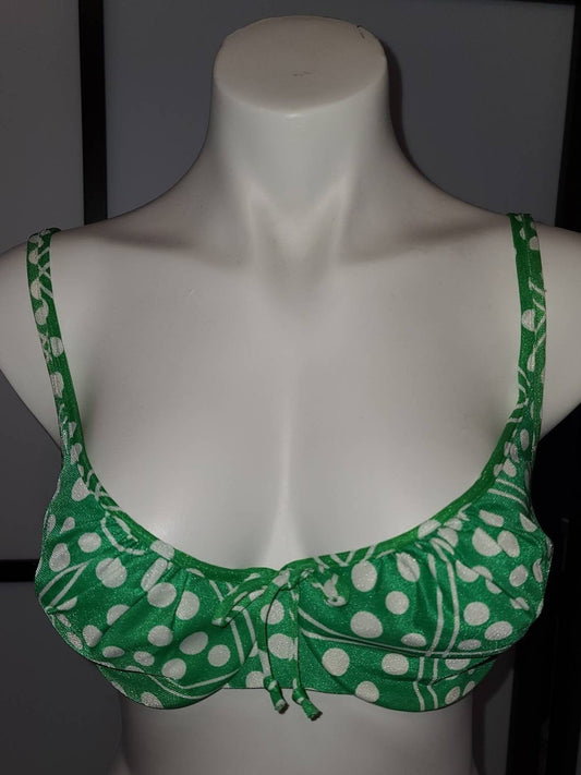 Vintage Bikini Top 1960s Bright Green White Nylon Polkadot Geometric Underwire Bikini Top Mod Go Go Burlesque Pinup 34 C D