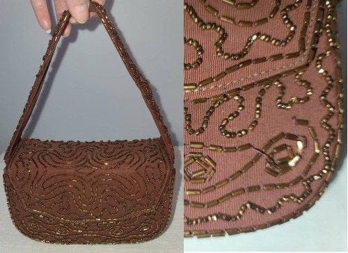 Vintage 1940s Purse Small Brown Fabric Box Purse Bronze Glass Bead Designs Evening Bag Rockabilly