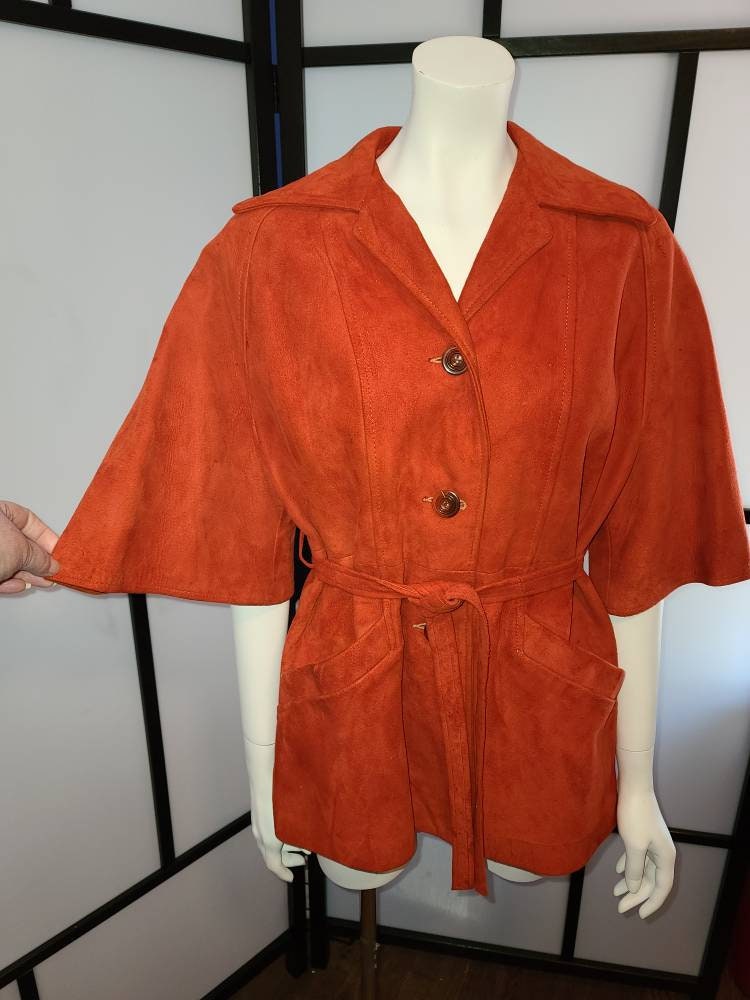 Vintage Suede Jacket 1960s 70s Dark Orange Soft Suede Angel Wing Jacket Bell Half Sleeves Hippie Boho M AS IS