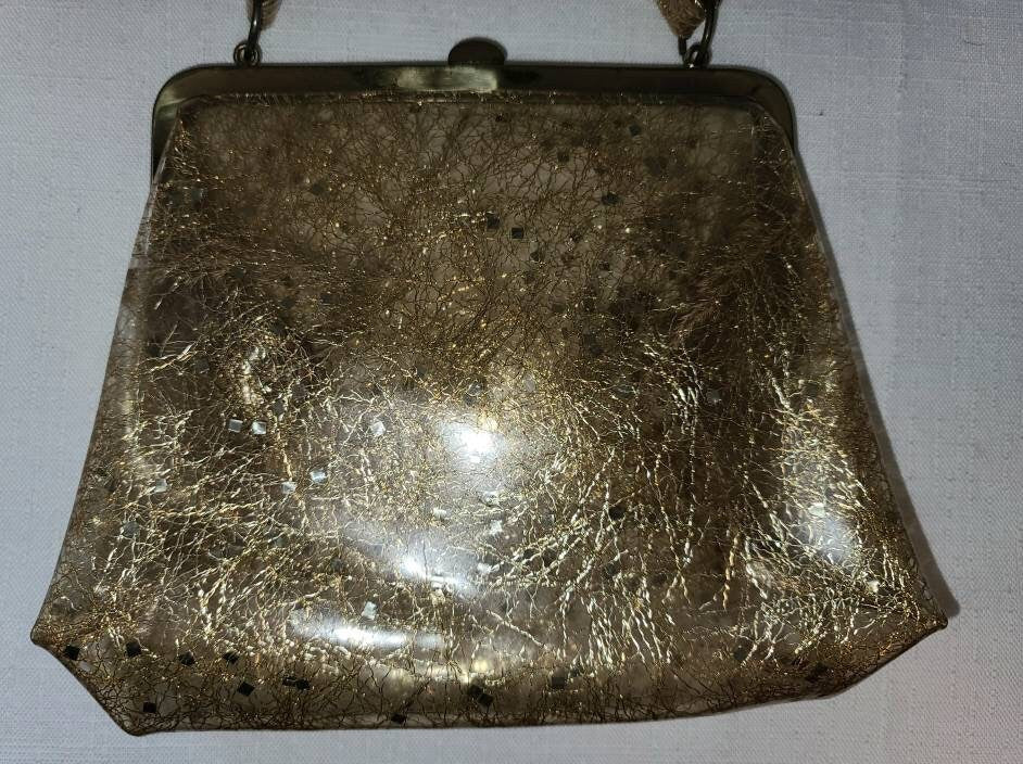 SALE Vintage 1950s Purse Small Clear Vinyl Gold Tinsel Chunky Glitter Top Handle Purse Rockabilly