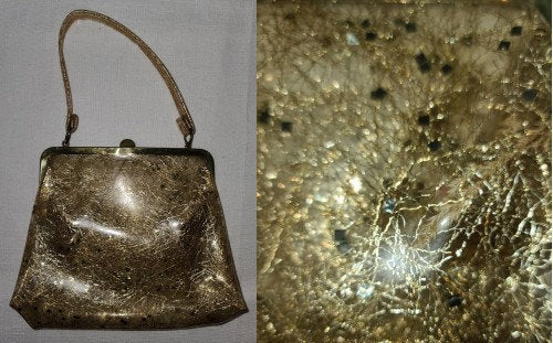 SALE Vintage 1950s Purse Small Clear Vinyl Gold Tinsel Chunky Glitter Top Handle Purse Rockabilly