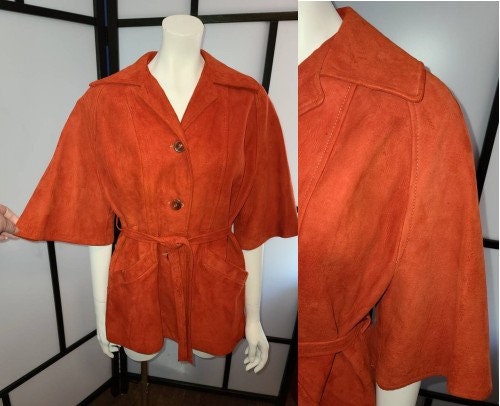 Vintage Suede Jacket 1960s 70s Dark Orange Soft Suede Angel Wing Jacket Bell Half Sleeves Hippie Boho M AS IS