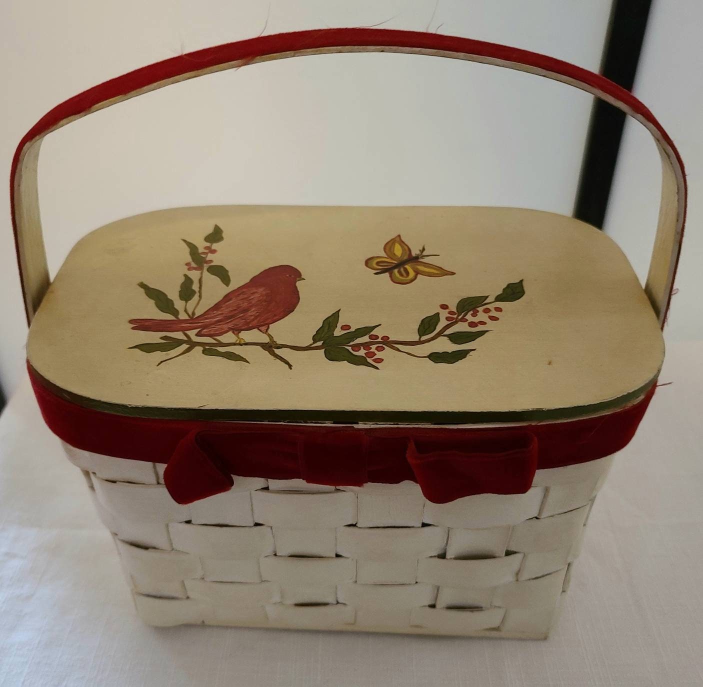 SALE Vintage Basket Purse 1970s White Wood Basket Purse Painted Red Bird Butterfly Flowers Red Velvet Trim Boho