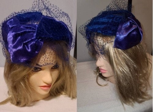 Vintage Cocktail Hat 1950s Blue Velvet Purple Satin Half Hat Round Hat Veil Rockabilly