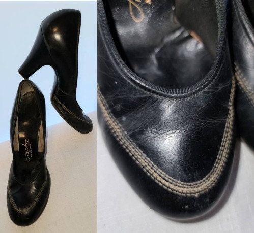 Vintage 1930s 40s Shoes Black Leather Round Toe Pumps Contrasting Stitching Art Deco Swing Rockabilly S