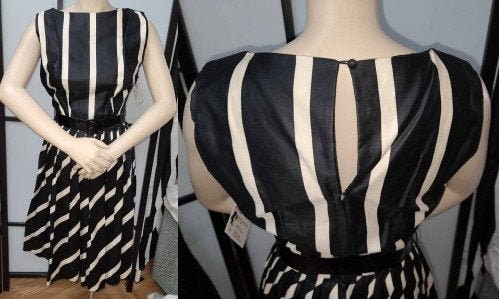 Vintage 1950s Dress Black White Striped Polished Cotton Full Skirt Dress Keyhole Back Nelly Don Rockabilly Pinup S