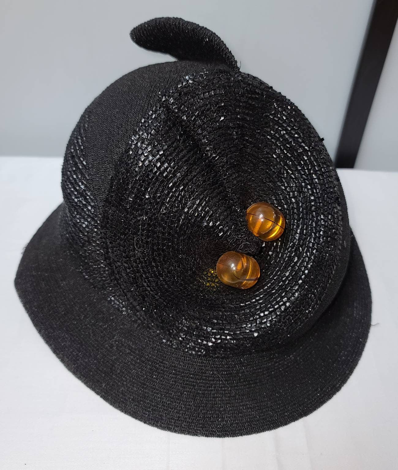Vintage 1930s Hat Asymmetric Black Straw Cloche Hat Large Butterscotch Lucite Bead Ornaments Flapper Art Deco 23 inches