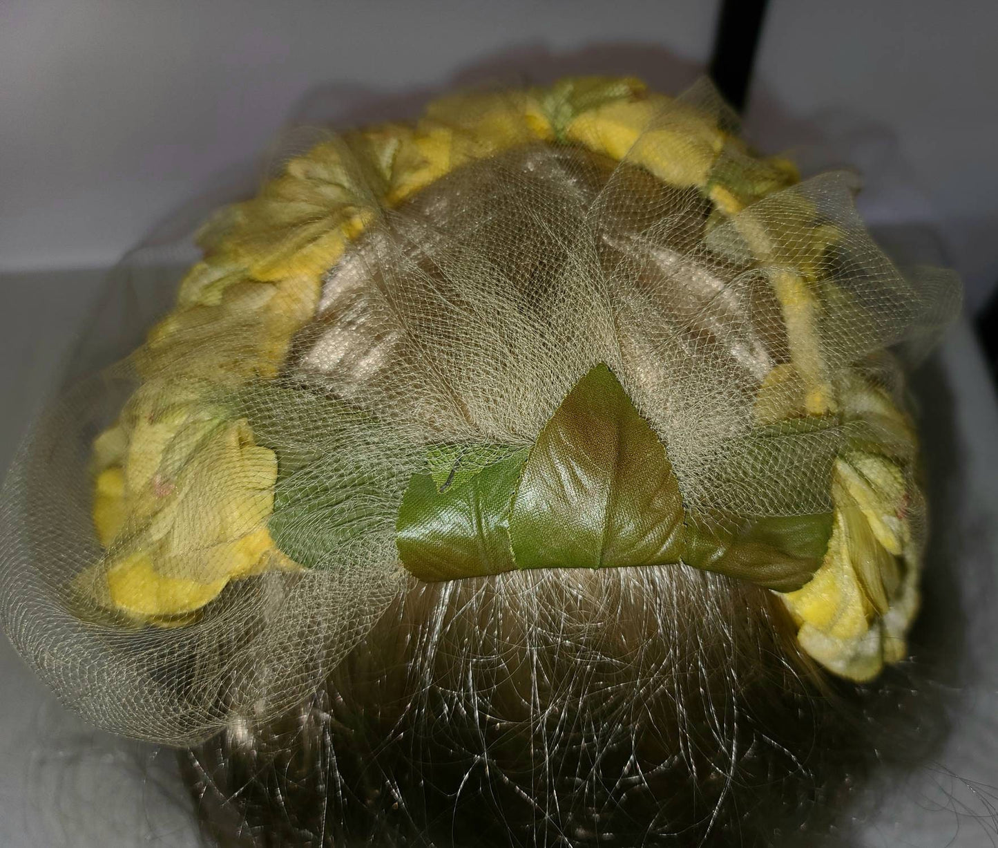 SALE Vintage Floral Hat 1950s Bright Yellow Floral Open Ring Hat Fine Net Veil Rockabilly Pinup Wedding