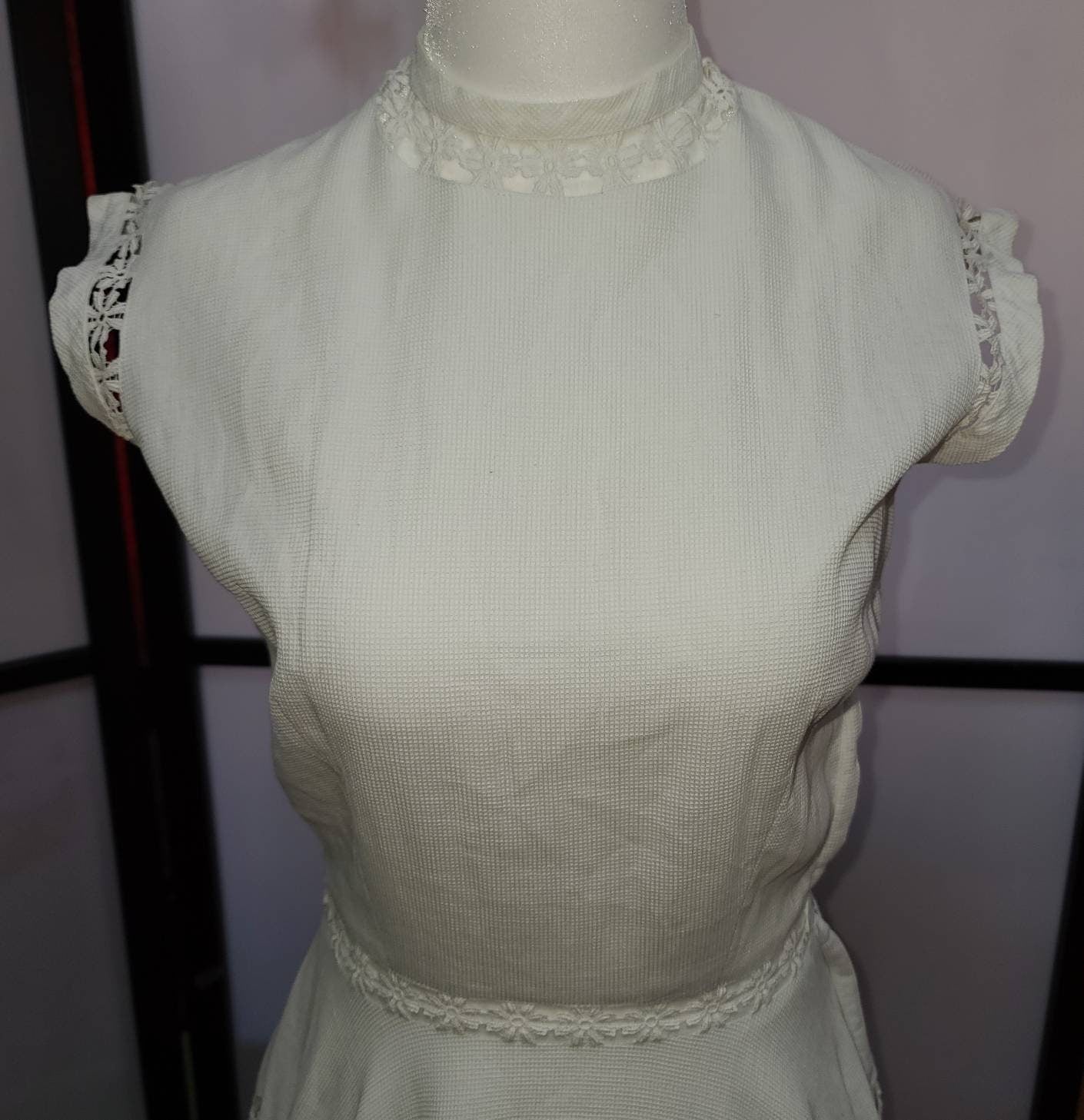 Vintage 1950s Dress White Cotton Pique Cutout Lace Inserts Full Skirt Minx Modes Mid Century Rockabilly Pinup Casual Wedding Bridal S