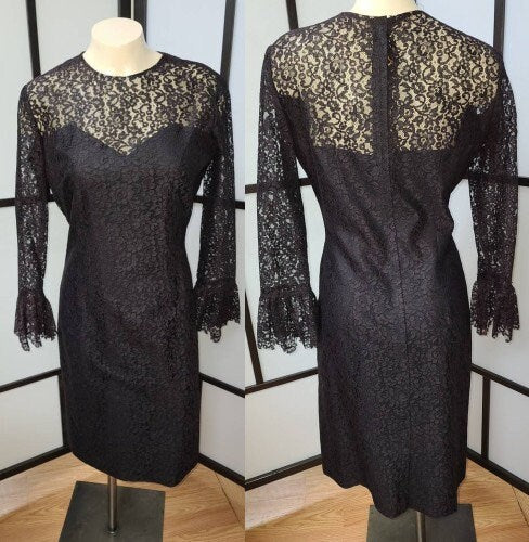 Vintage Black Lace Dress 1960s Cocktail Dress Sheer Frilly Lace Sleeves LBD Mod Goth S hips 36 in.