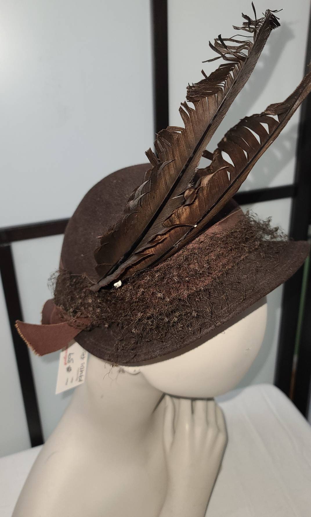 Vintage 1930s Hat Round Brown Felt Hat Large Feathers Merrimac Hat Corp. Art Deco 22 in. torn veil