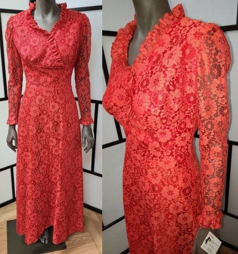 Vintage Lace Dress Long 1960s Red Floral Pattern Lace Dress Sheer Lace Sleeves Stunning Boho Holiday S M