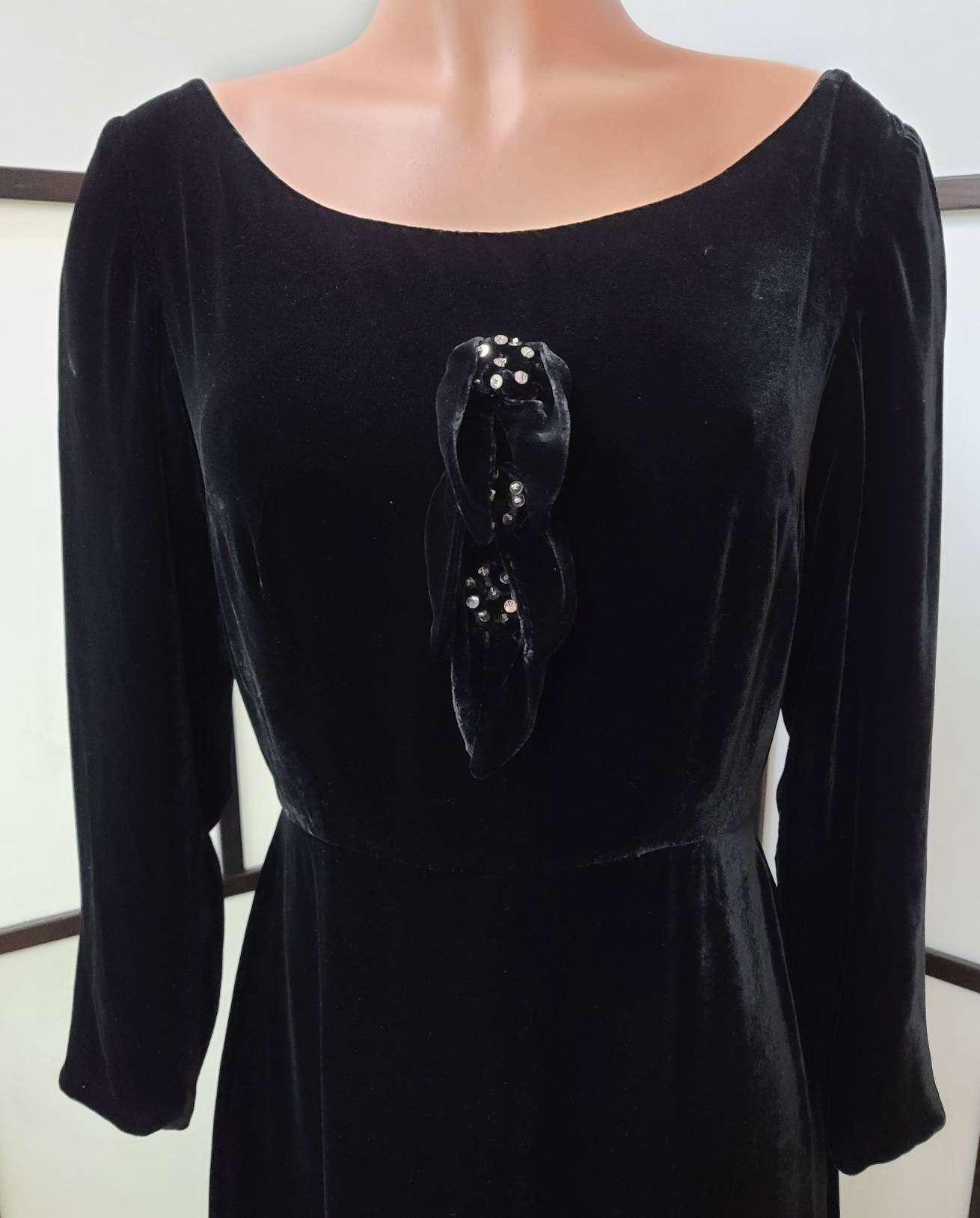 Vintage Velvet Dress 1960s 70s Long Black Silk Rayon Velvet Gown Gothic Boho M