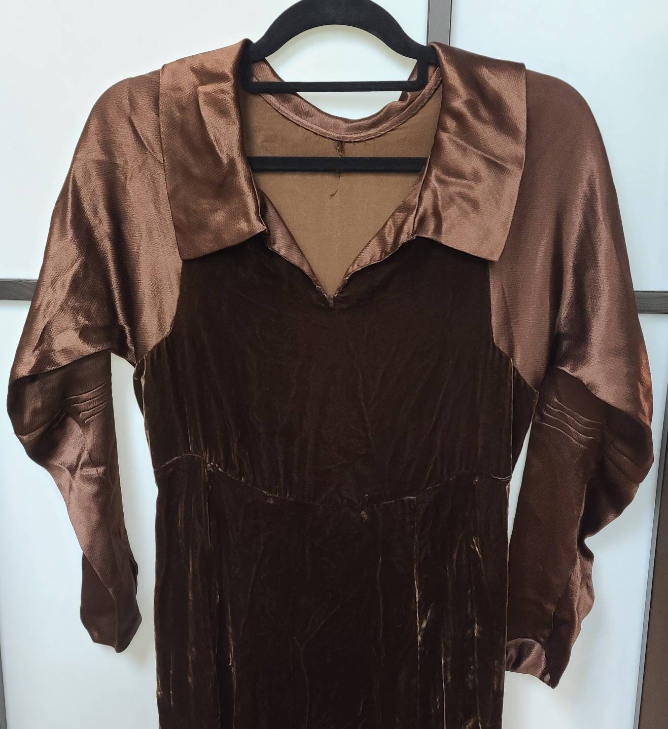 Vintage 1920s 30s Dress Chocolate Brown Thin Silk Velvet Satin Dress Flapper Art Deco XS