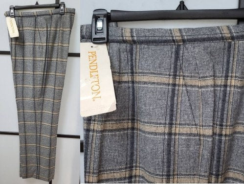 Unworn Vintage Pendleton Pants 1970s Gray Beige Wool Plaid Hi Waist Wide Leg Pants NWT Boho Preppy L waist 31 in.