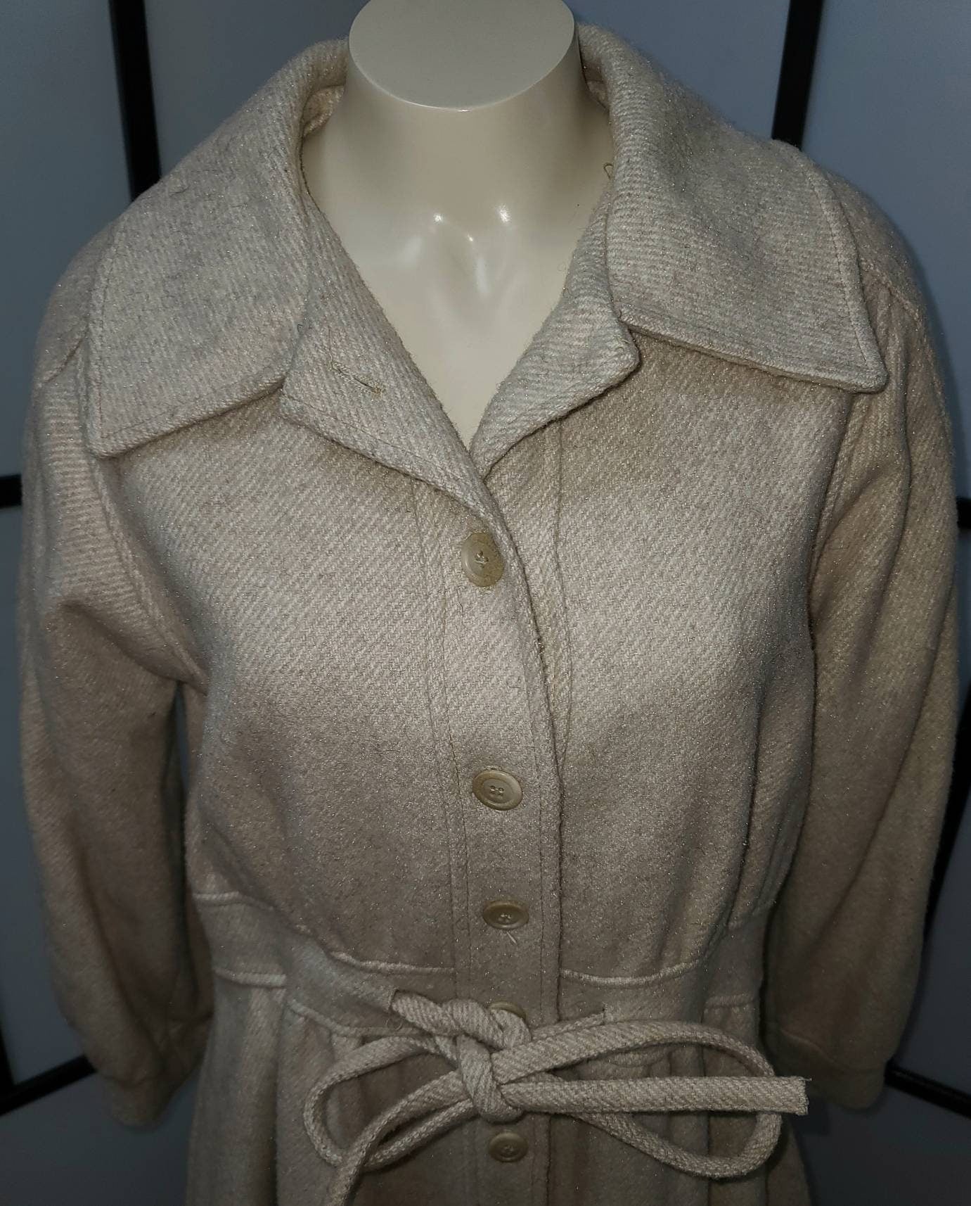 SALE Vintage Long Coat 1970s Cream Burlap Wool Blend Princess Coat Tie Waist Boho M