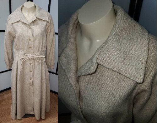 SALE Vintage Long Coat 1970s Cream Burlap Wool Blend Princess Coat Tie Waist Boho M
