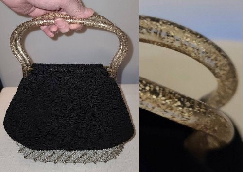 Vintage 1950s Purse Small Black Crocheted Oval Bucket Purse Silver Glitter Lucite Handles Silver Bead Trim Mid Century Rockabilly