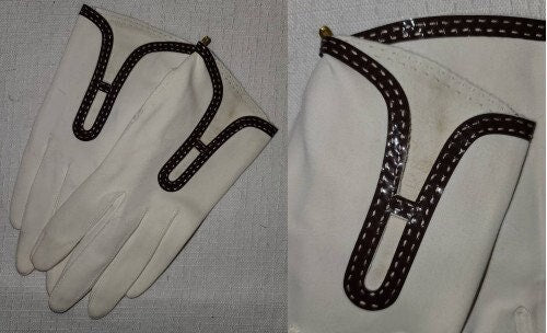 Vintage 1960s Gloves White Nylon Wrist Gloves Dark Brown Vinyl Trim Mod Go Go Space Age M