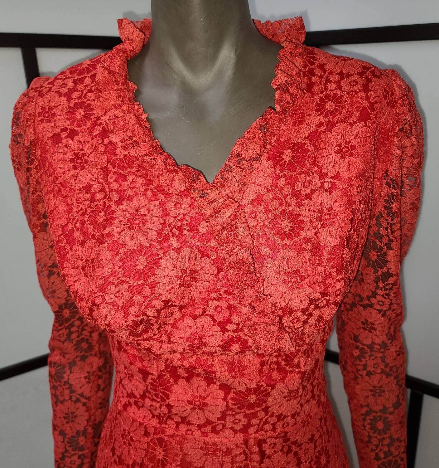 Vintage Lace Dress Long 1960s Red Floral Pattern Lace Dress Sheer Lace Sleeves Stunning Boho Holiday S M