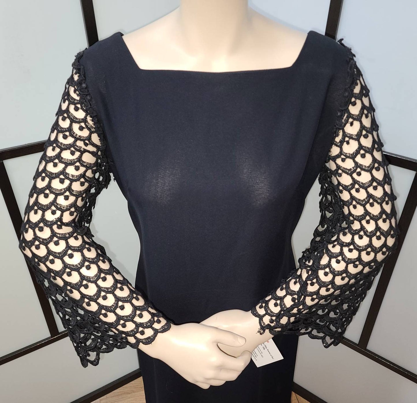 Vintage Cocktail Dress 1960s Black Rayon Mod Little Black Dress Open Crochet Bell Sleeves Bow on Back Mod M