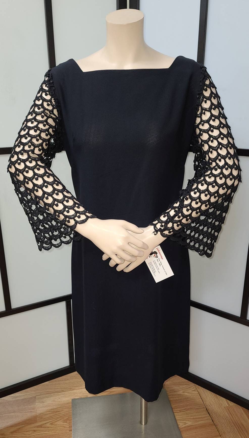 Vintage Cocktail Dress 1960s Black Rayon Mod Little Black Dress Open Crochet Bell Sleeves Bow on Back Mod M