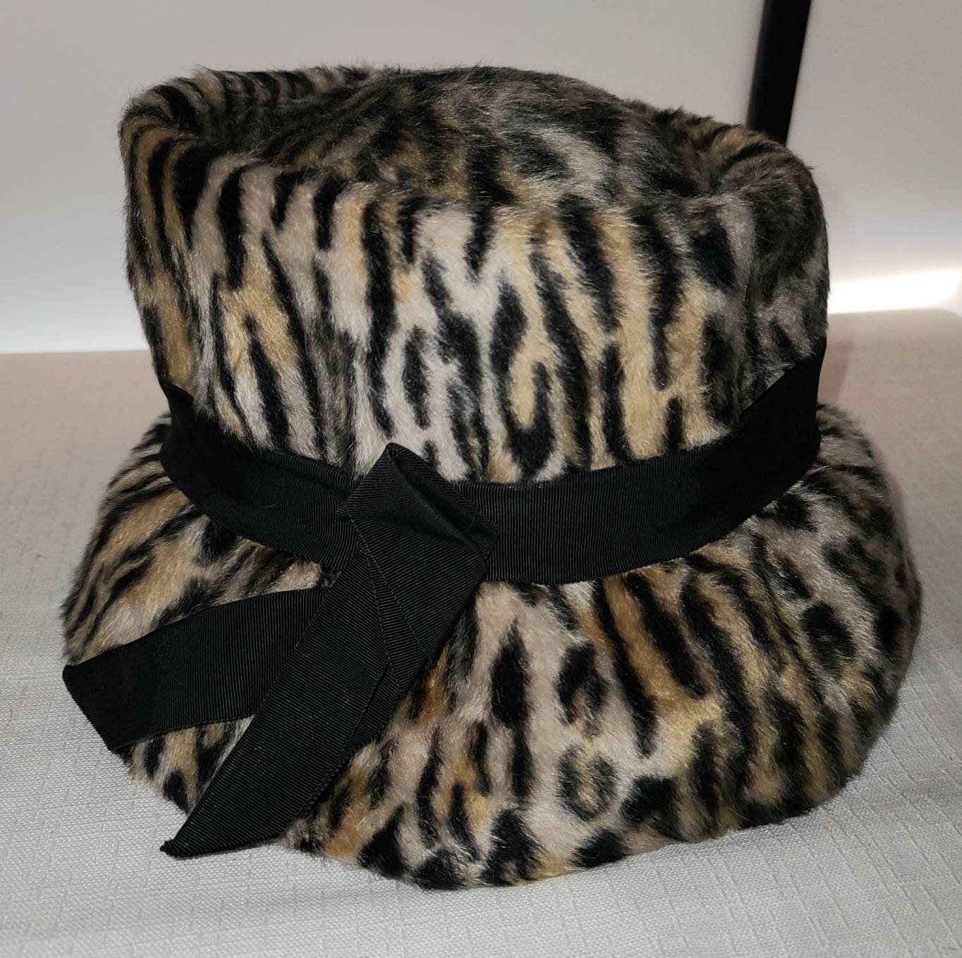 Vintage Leopard Hat 1960s Tall Floppy Brim Faux Leopard Fur Hat Black Bow Mr. John Jr. Mod Boho Groupie 21.5 in.