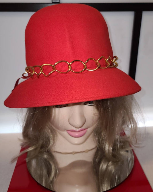 Vintage 1960s Hat Dark Orange Wool Felt Bucket Hat Gold Chain Trim Merrimac Mod Boho 22 in.