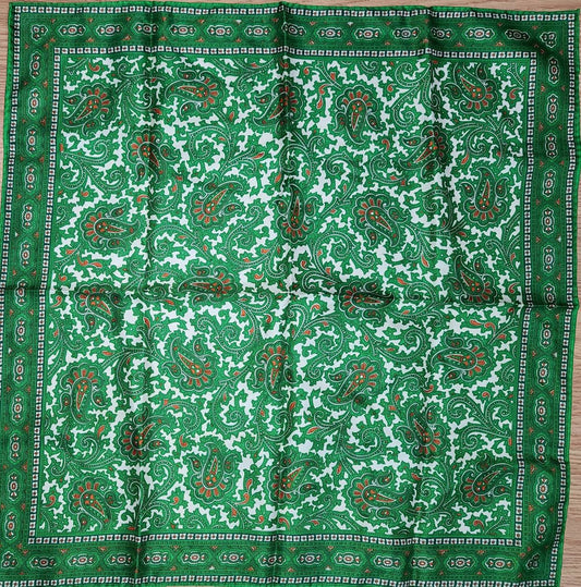 Vintage Paisley Scarf Small 1960s Green Rust Paisley Print Scarf Made in Japan Shiny Polyester Acetate Boho 21 in. sq.