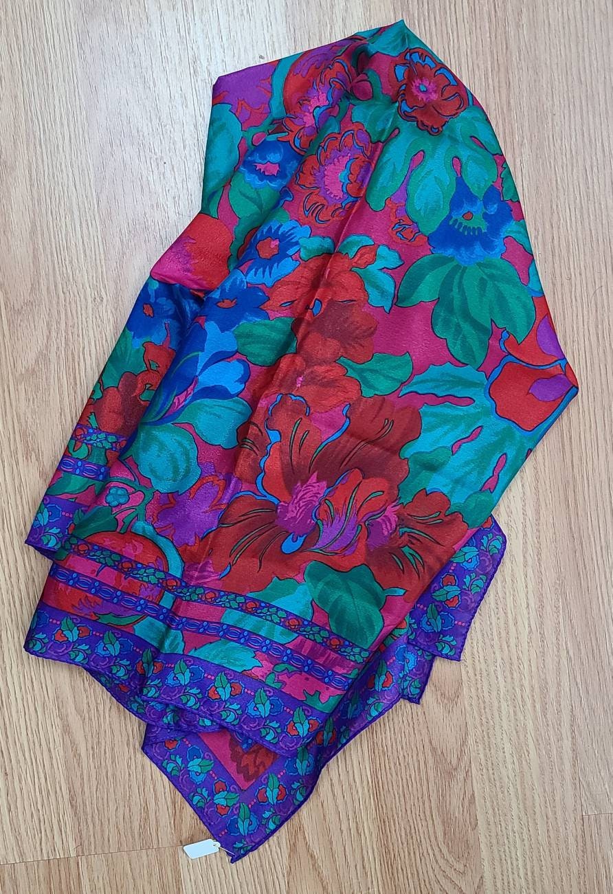 Vintage Floral Scarf 1960s 70s 80s Thin Silk Bright Floral Print Scarf Chic Boho Classic 30.5 x 31 in.