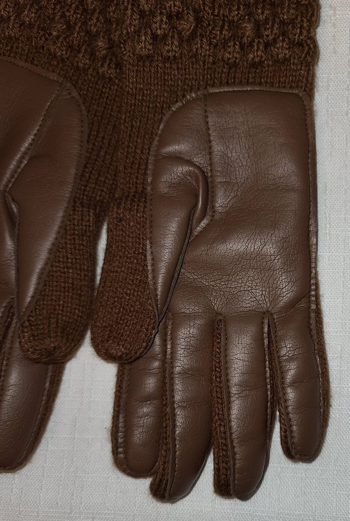Vintage Knit Gloves 1970s Brown Acrylic Knit Gloves Vinyl Palms Mittens Boho 7 7.5