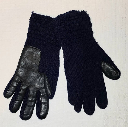 Vintage Knit Gloves 1970s Dark Blue Acrylic Knit Gloves Vinyl Palms Boho Winter Gloves 7 7.5