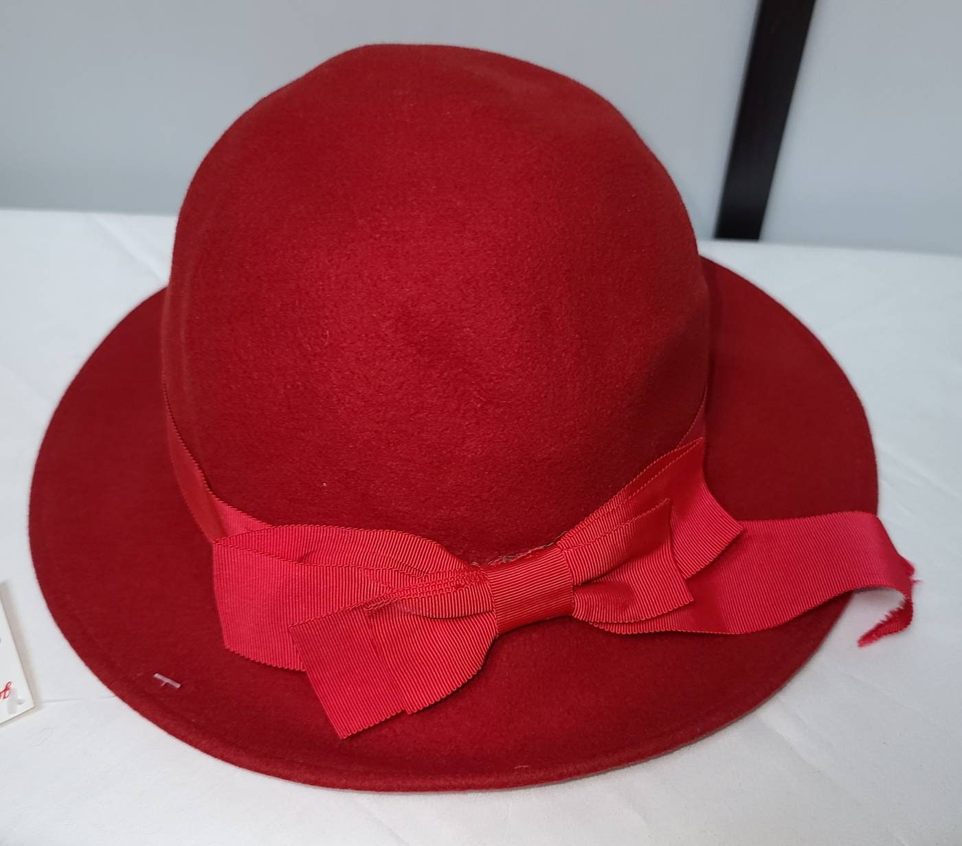 Vintage Red Hat 1960s 70s Red Felt Bowler Hat Large Ribbon Bow Rockabilly Boho Art Deco 22 in.