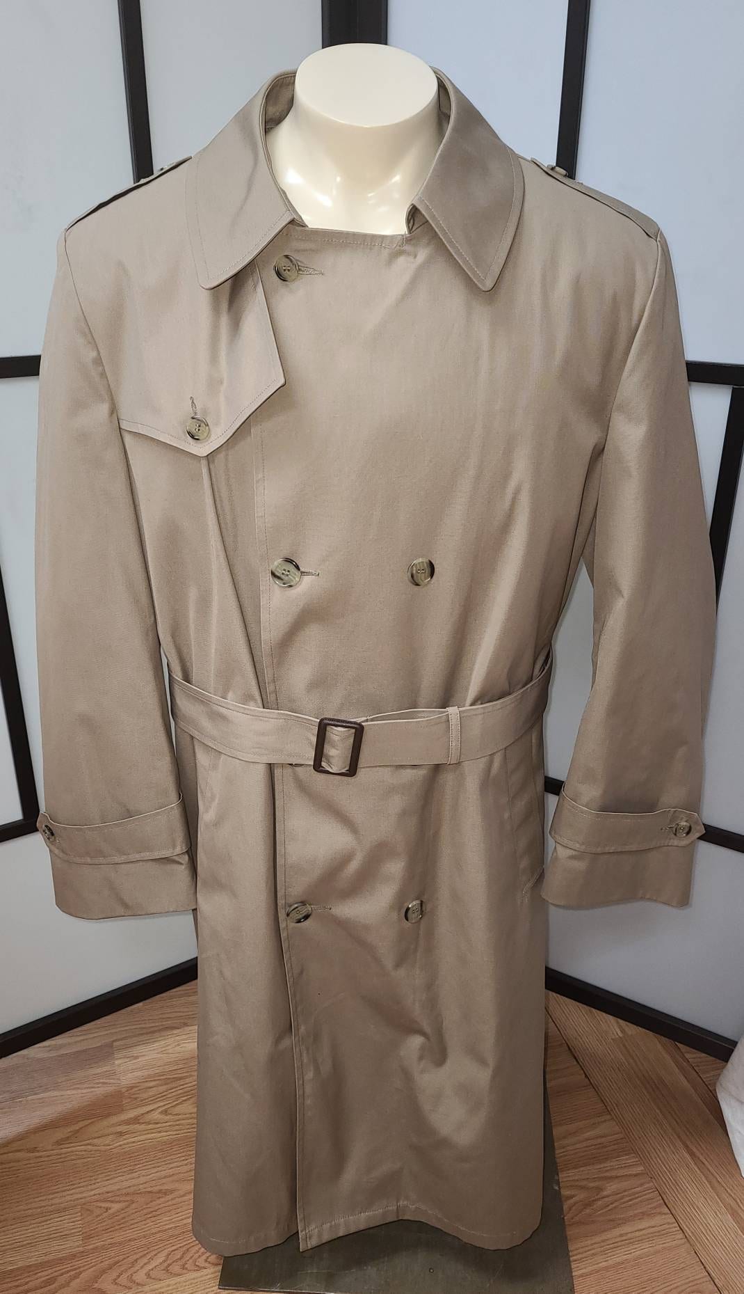 Unworn Vintage Men's Coat 1970s Beige Botany 500 Overcoat Zip Out Brown Faux Fur Lining Classic Double Breasted 46 R