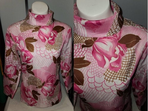 SALE Vintage 1960s Blouse Thin Polyester Brown Pink Abstract Rose Print Zip Back High Collar Tunic Top Boho M
