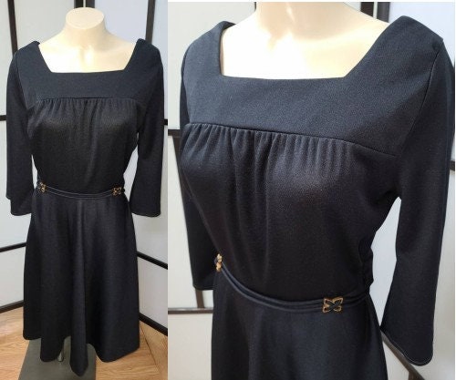 Vintage Black Dress 1960s 70s Black Polyester Dress Bell Sleeves Unique Belt Boho LBD 70s Little Black Dress L