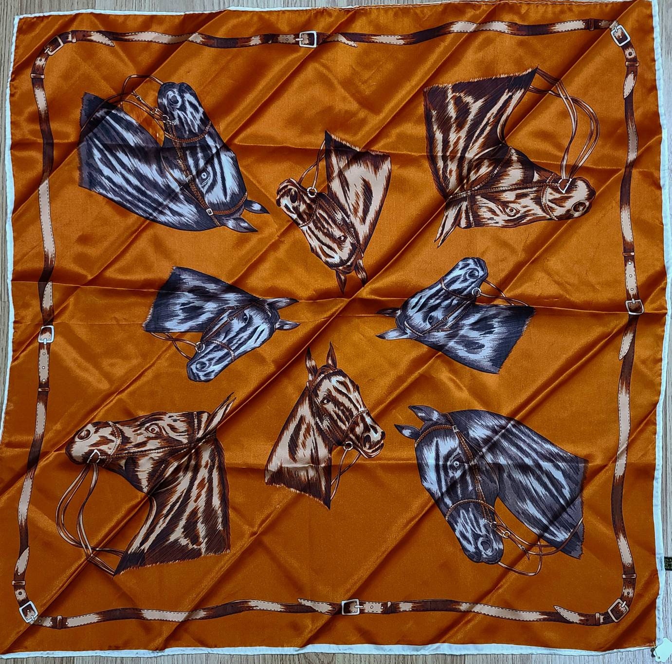 Vintage Horse Head Scarf 1960s Shiny Orange Rayon Acetate Scarf Multiple Horse Heads Rolled Edges Made in Japan Equestrian Boho 26 sq in