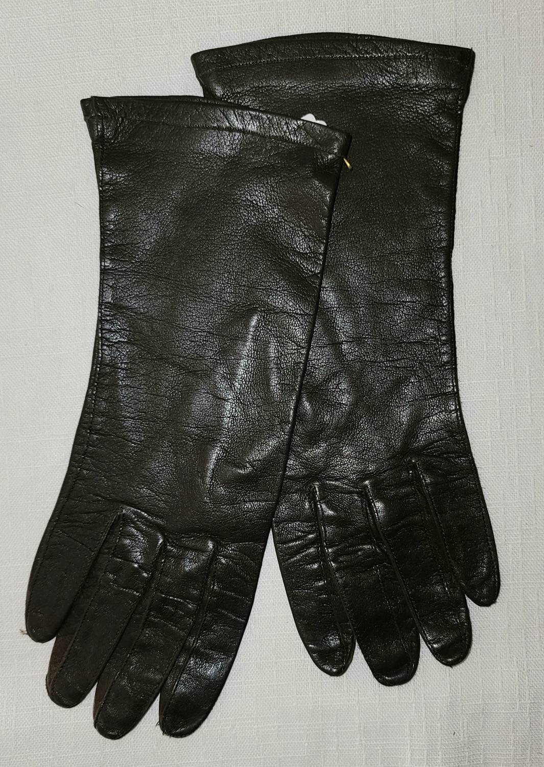 Vintage Leather Gloves 1950s 60s Thin Dark Brown Soft Black Midlength Leather Gloves Rockabilly Boho S M