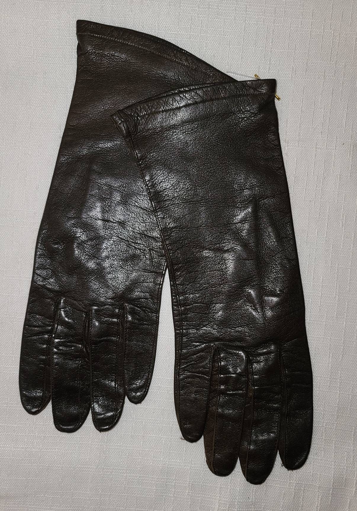 Vintage Leather Gloves 1950s 60s Thin Dark Brown Soft Black Midlength Leather Gloves Rockabilly Boho S M