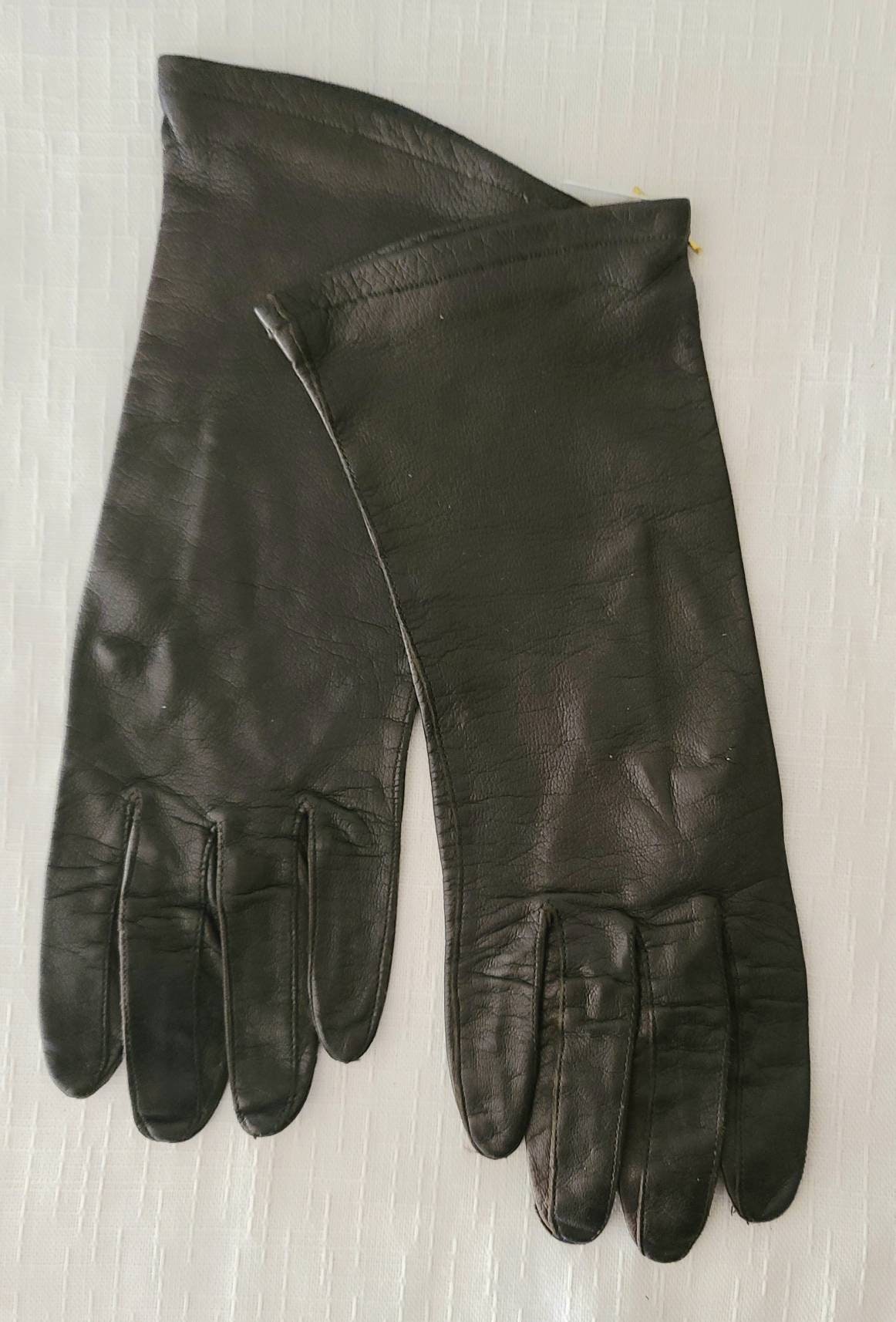 Vintage Leather Gloves 1950s 60s Thin Dark Brown Soft Black Midlength Leather Gloves Rockabilly Boho S M