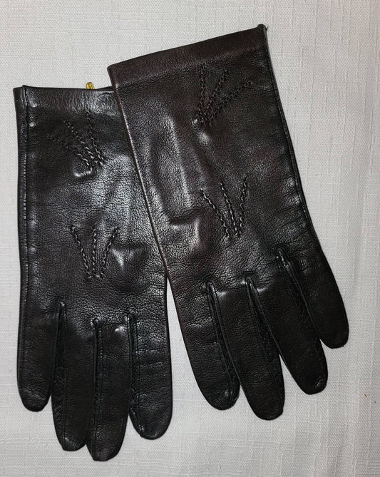 Vintage Leather Gloves 1950s 60s Dark Brown Soft Black Thin Leather Gloves Stitched Designs Mid Century Rockabilly Boho S